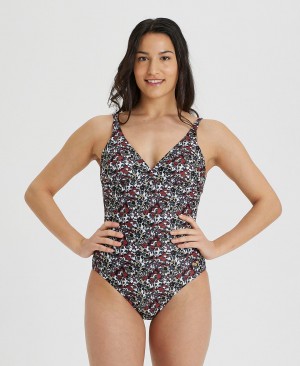 Black Arena Allover Print U Back Women's Swimsuits | 4625281