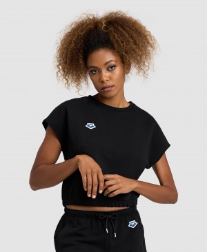 Black Arena Icons Crop Women's T Shirts | 76902280