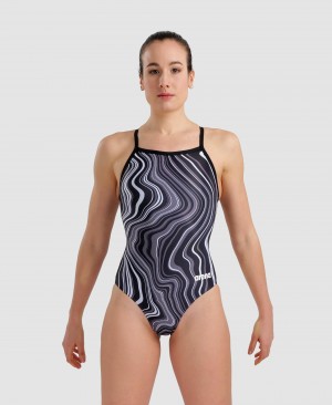 Black Arena Marbled Lightdrop Back Women's Swimsuits | 65105488