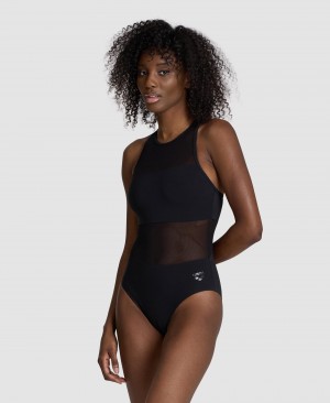 Black Arena Mesh Panel Vent Back Women's Swimsuits | 70714593