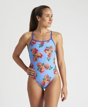 Blue Arena Roses Lace Back Women's Swimsuits | 72595967