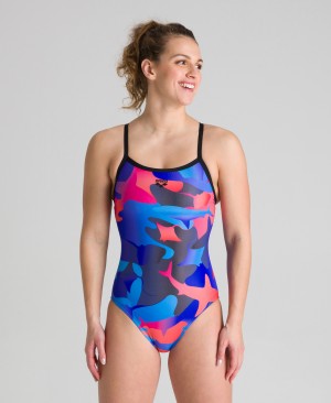 Blue Arena Shark Camo Light Drop Back Women's Swimsuits | 17601511