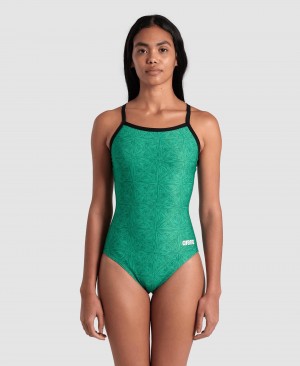 Green Arena Abstract Tiles Light Drop Back Women's Swimsuits | 31483748