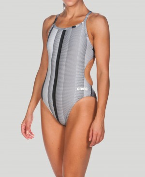 Grey Arena Blended Stripe Challenge Back Women's Swimsuits | 48862474