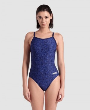 Navy Arena Abstract Tiles Light Drop Back Women's Swimsuits | 62705137