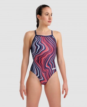 Navy Arena Marbled Lightdrop Back Women's Swimsuits | 91821281