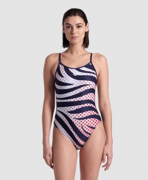 Navy Arena Multi Stripes Lace Back Swimsuit Women's Swimsuits | 60049253