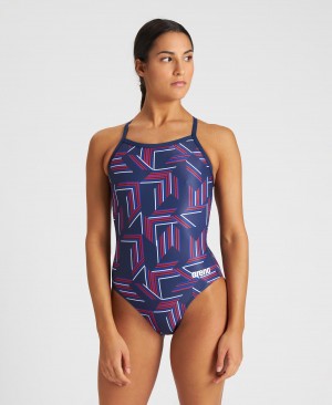 Navy Arena Puzzled Light Drop Back Women's Swimsuits | 32315825