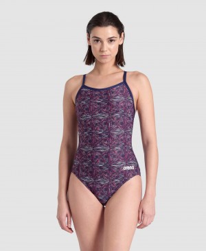 Purple Arena Abstract Tiles Light Drop Back Women's Swimsuits | 17441795