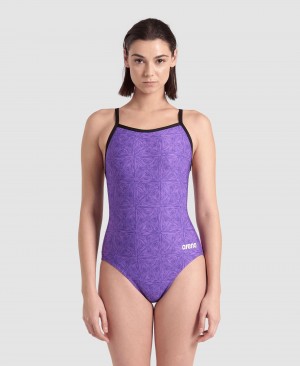 Purple Arena Abstract Tiles Light Drop Back Women's Swimsuits | 68669681