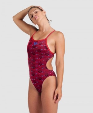 Red Arena Hearts Print Of The Month Challenge Back Women's Swimsuits | 59158523