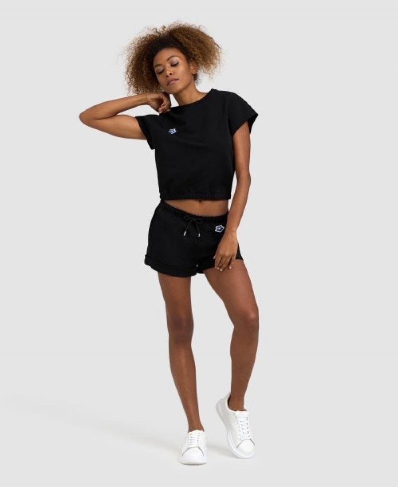 Black Arena Icons Crop Women's T Shirts | 76902280