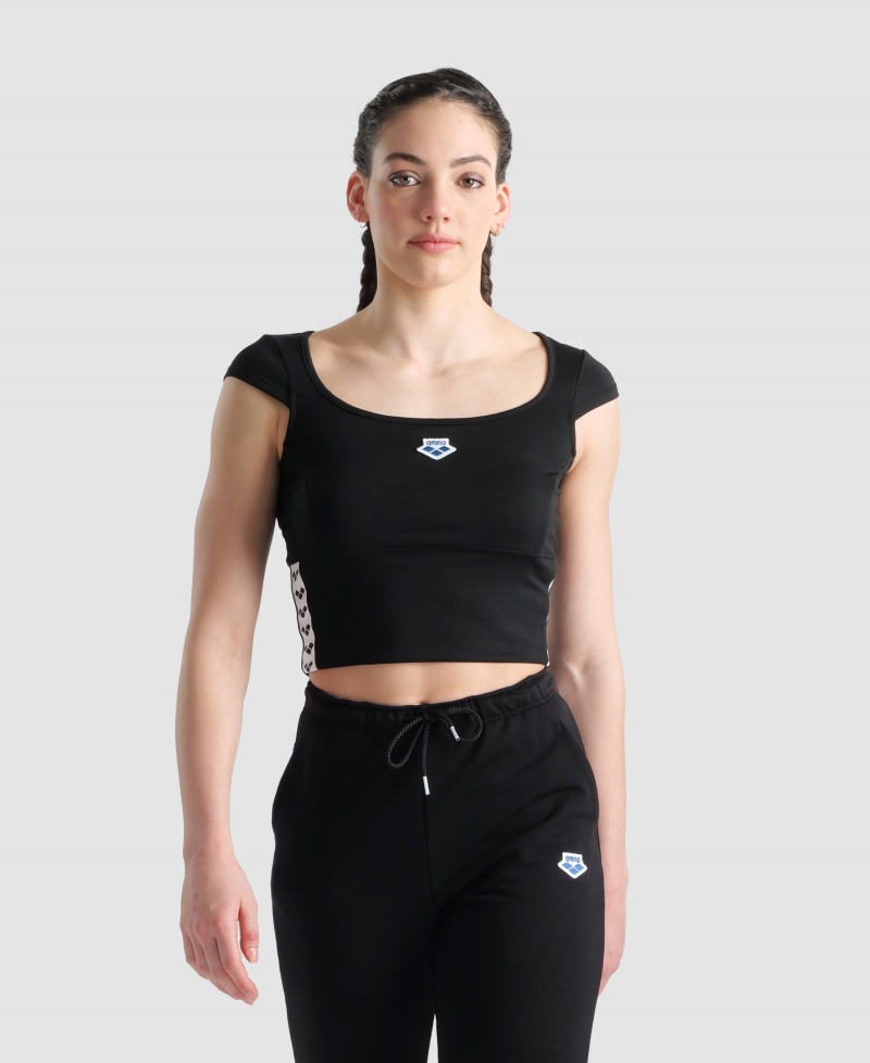 Black Arena Icons Solid Women\'s Cropped Tops | 75420868