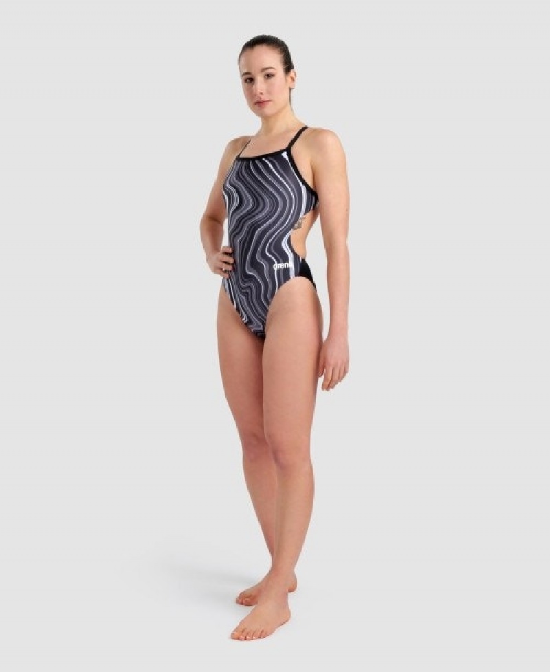 Black Arena Marbled Challenge Back Women's Swimsuits | 19244153