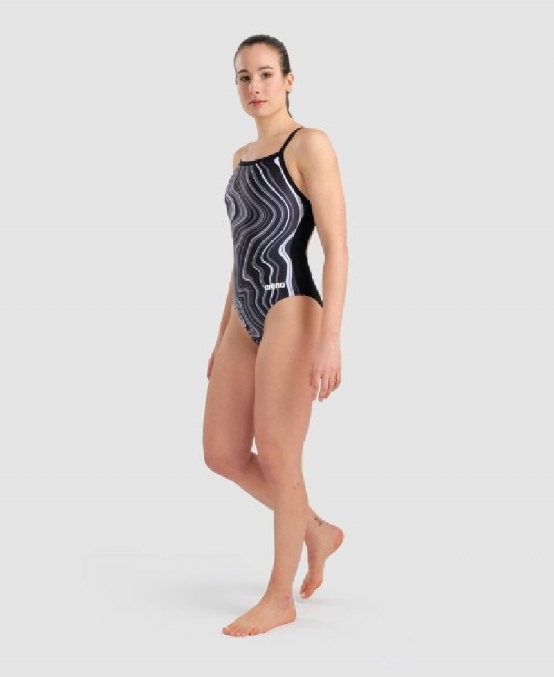 Black Arena Marbled Lightdrop Back Women's Swimsuits | 65105488