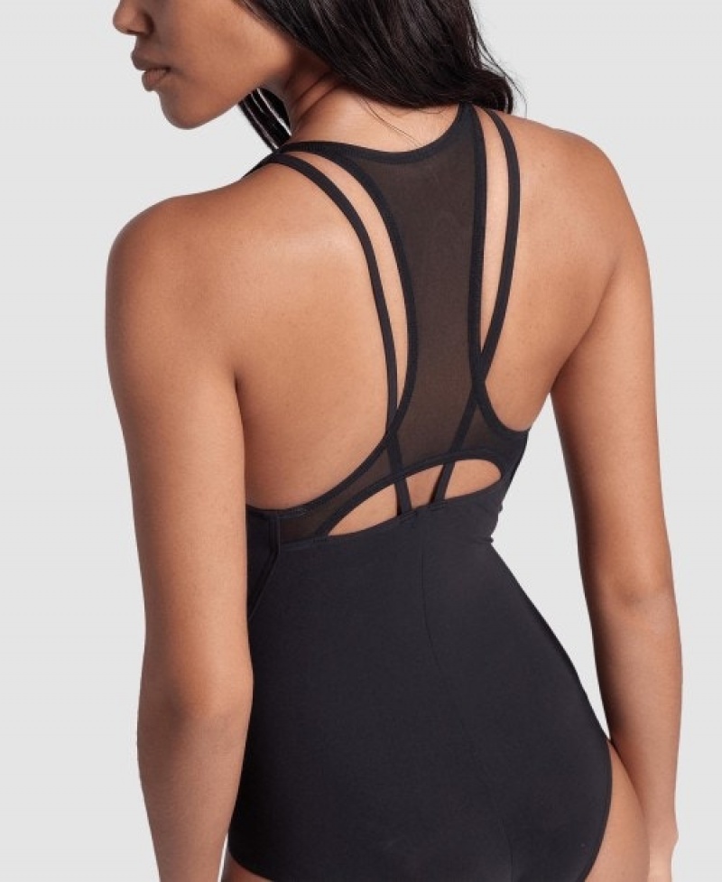 Black Arena Mesh Panel Power Back Women's Swimsuits | 63561591