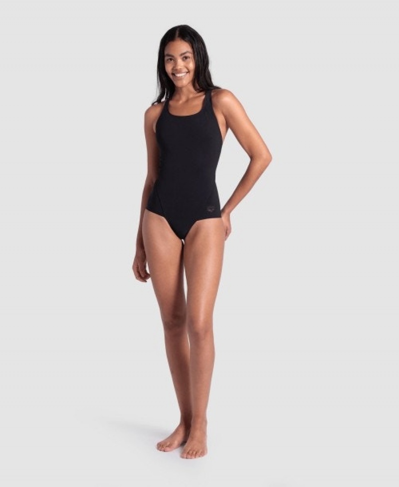 Black Arena Mesh Panel Power Back Women's Swimsuits | 63561591