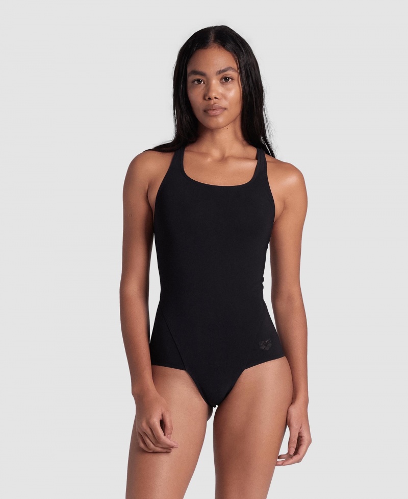 Black Arena Mesh Panel Power Back Women\'s Swimsuits | 63561591