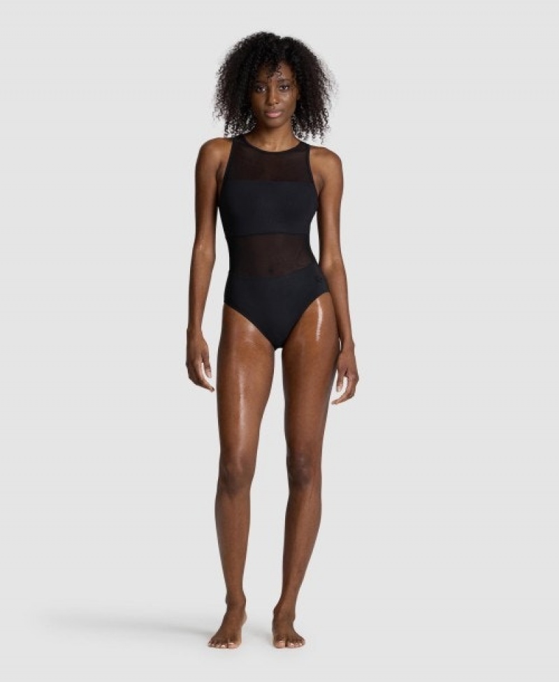 Black Arena Mesh Panel Vent Back Women's Swimsuits | 70714593