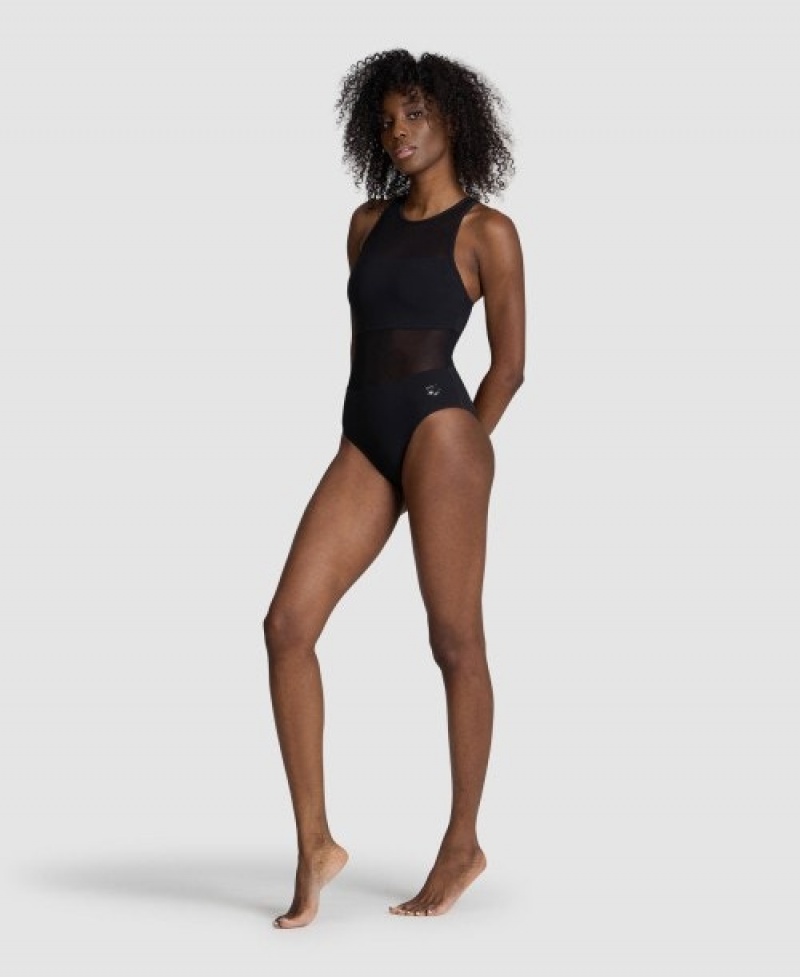 Black Arena Mesh Panel Vent Back Women's Swimsuits | 70714593