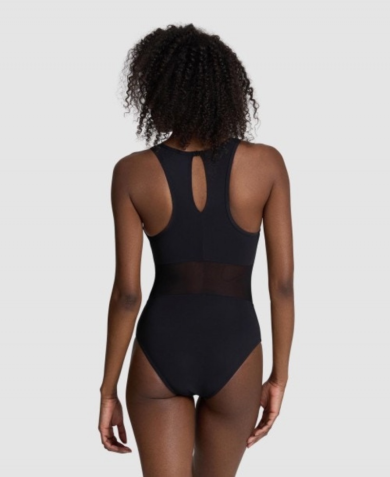 Black Arena Mesh Panel Vent Back Women's Swimsuits | 70714593