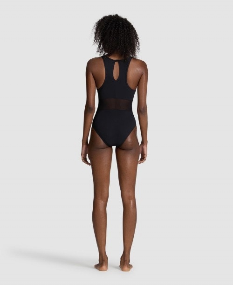 Black Arena Mesh Panel Vent Back Women's Swimsuits | 70714593