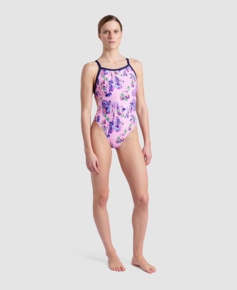 Black Arena Rose Textures Xcross Back Women's Swimsuits | 63279957