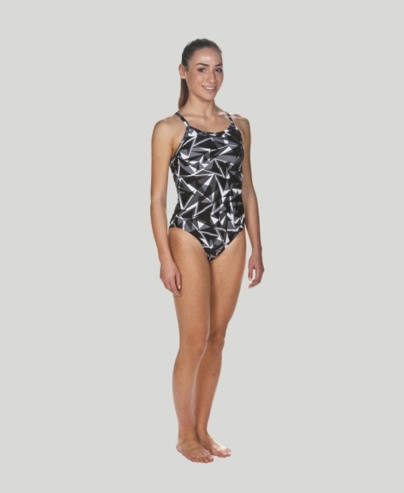 Black Arena Shattered Glass Light Drop Back Women's Swimsuits | 60459301