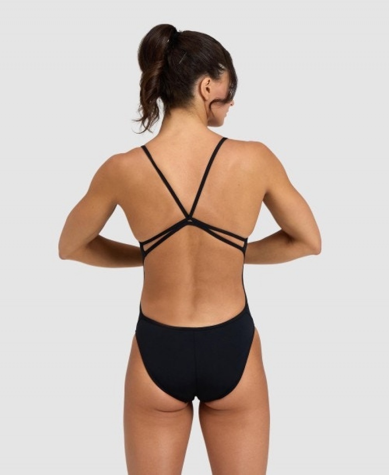 Black Arena Solid Lace Back Women's Swimsuits | 18981042