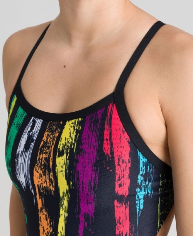 Black Arena Team Painted Stripes Challenge Back Women's Swimsuits | 70947063