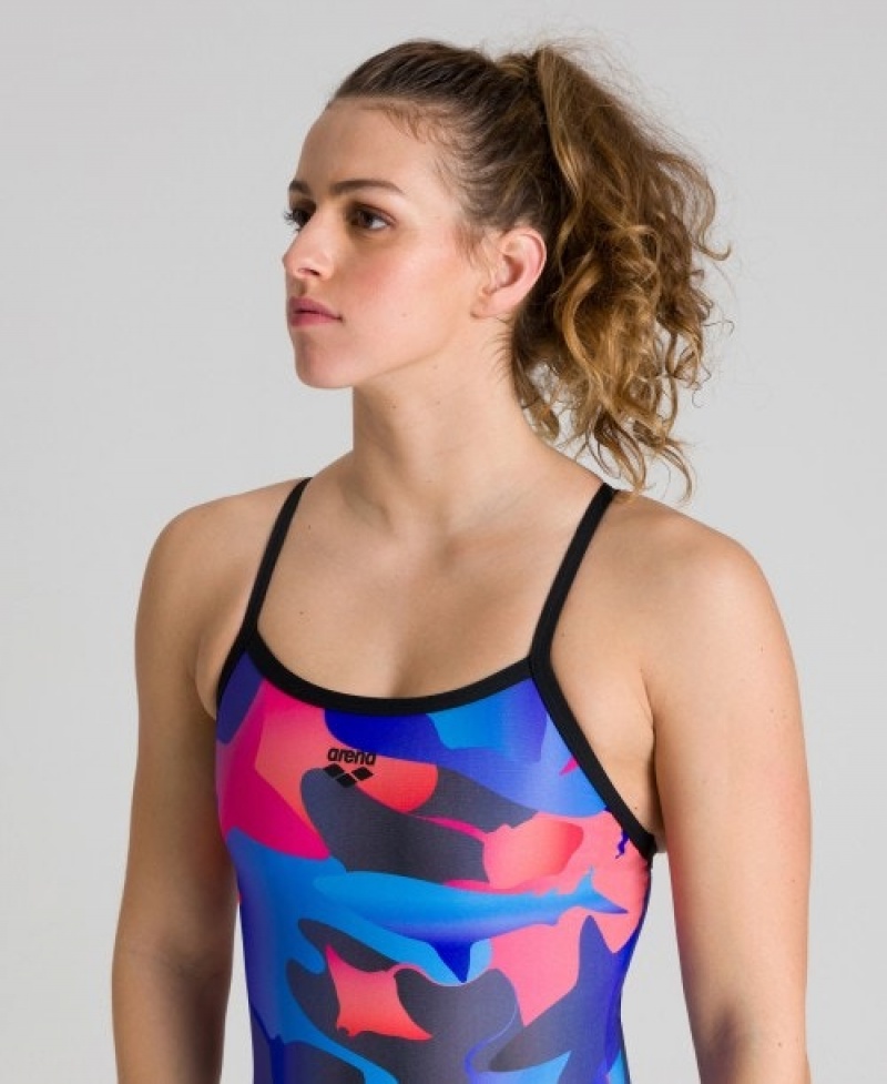 Blue Arena Shark Camo Light Drop Back Women's Swimsuits | 17601511