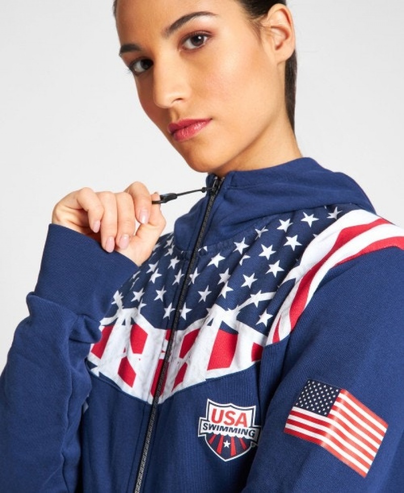 Blue Arena USA Swimming Team Kit Hooded Zip Women's Jackets | 73231486