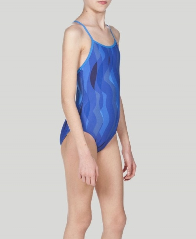 Blue Arena Wavy Water Youth Light Drop Back Girls' Swimsuits | 76434904