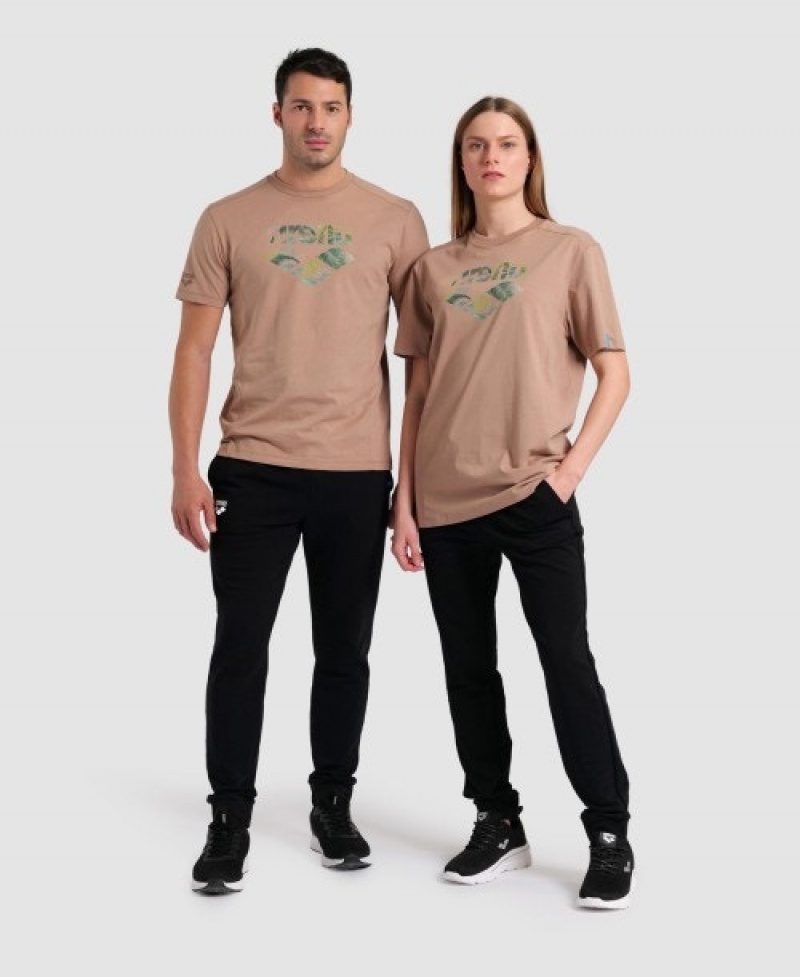 Brown Arena Logo Cotton Men's T Shirts | 95353281