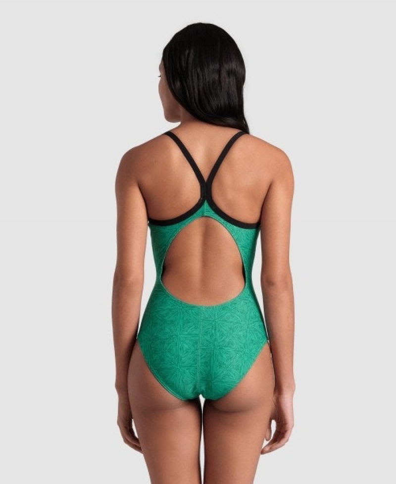 Green Arena Abstract Tiles Light Drop Back Women's Swimsuits | 31483748