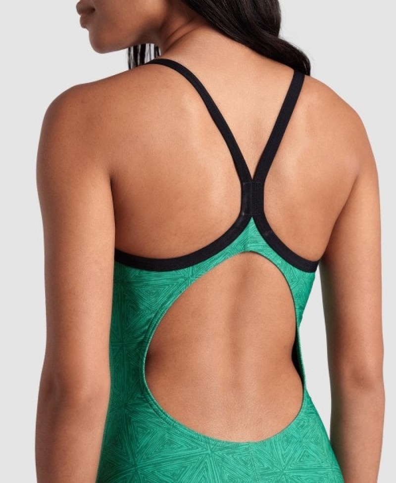 Green Arena Abstract Tiles Light Drop Back Women's Swimsuits | 31483748