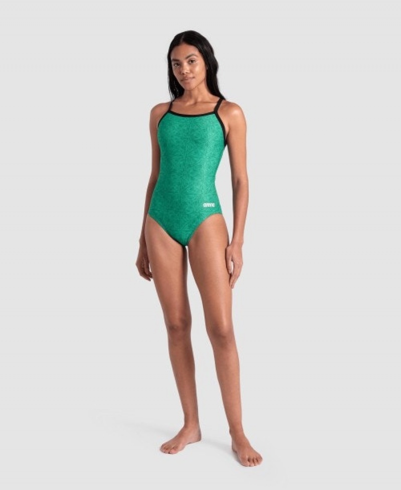 Green Arena Abstract Tiles Light Drop Back Women's Swimsuits | 31483748