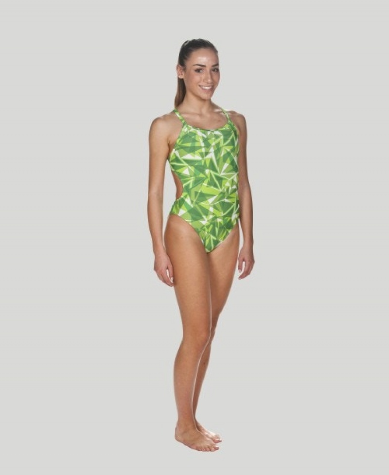 Green Arena Shattered Glass Challenge Back Women's Swimsuits | 13479932