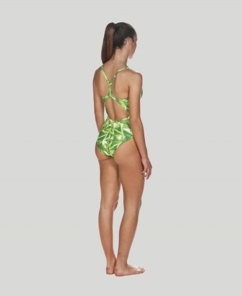 Green Arena Shattered Glass Light Drop Back Women's Swimsuits | 21069285