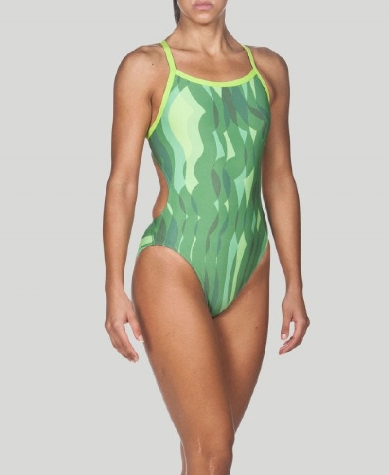 Green Arena Wavy Water Challenge Back Women's Swimsuits | 59727731