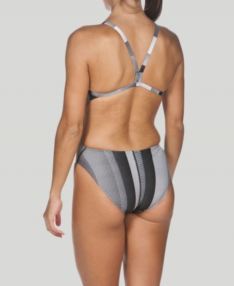 Grey Arena Blended Stripe Challenge Back Women's Swimsuits | 48862474