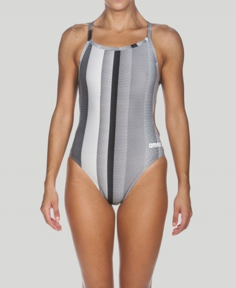 Grey Arena Blended Stripe Challenge Back Women's Swimsuits | 48862474