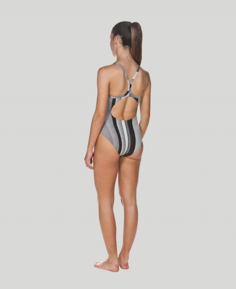 Grey Arena Blended Stripe Light Drop Back Women's Swimsuits | 47388968