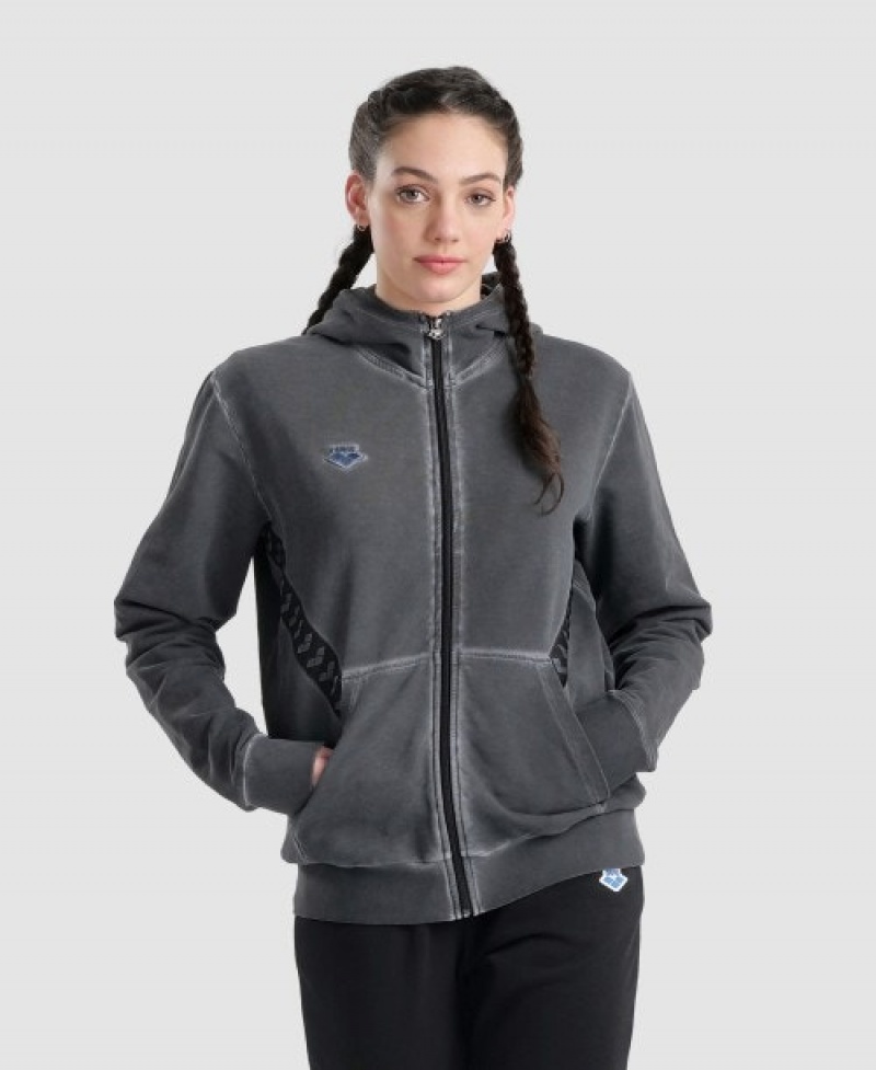 Grey Arena Icons Hooded Women's Jackets | 30580419