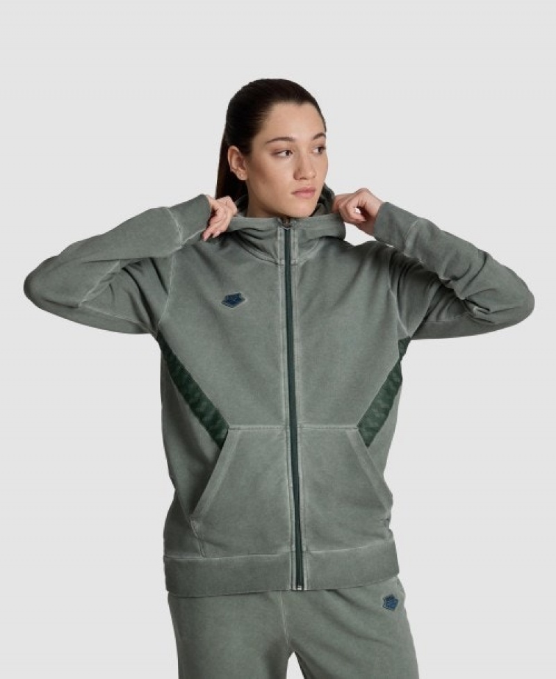 Grey Arena Icons Hooded Women's Jackets | 6197290