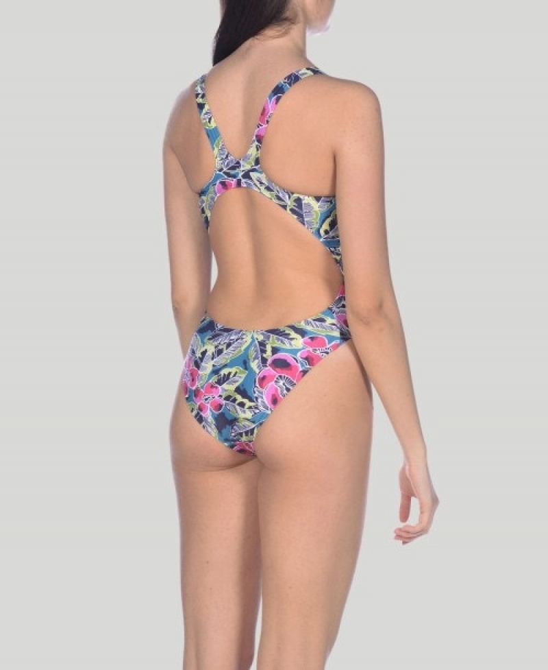 Grey Arena Tropical Sketch Swim Tech Women's Swimsuits | 92461489