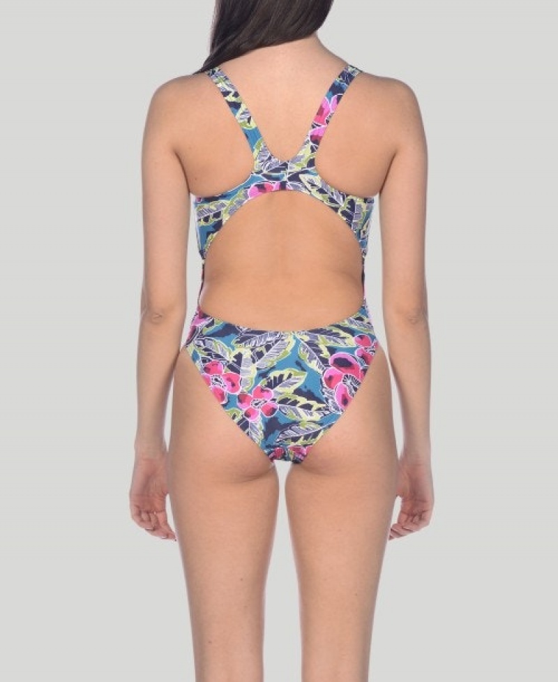 Grey Arena Tropical Sketch Swim Tech Women's Swimsuits | 92461489