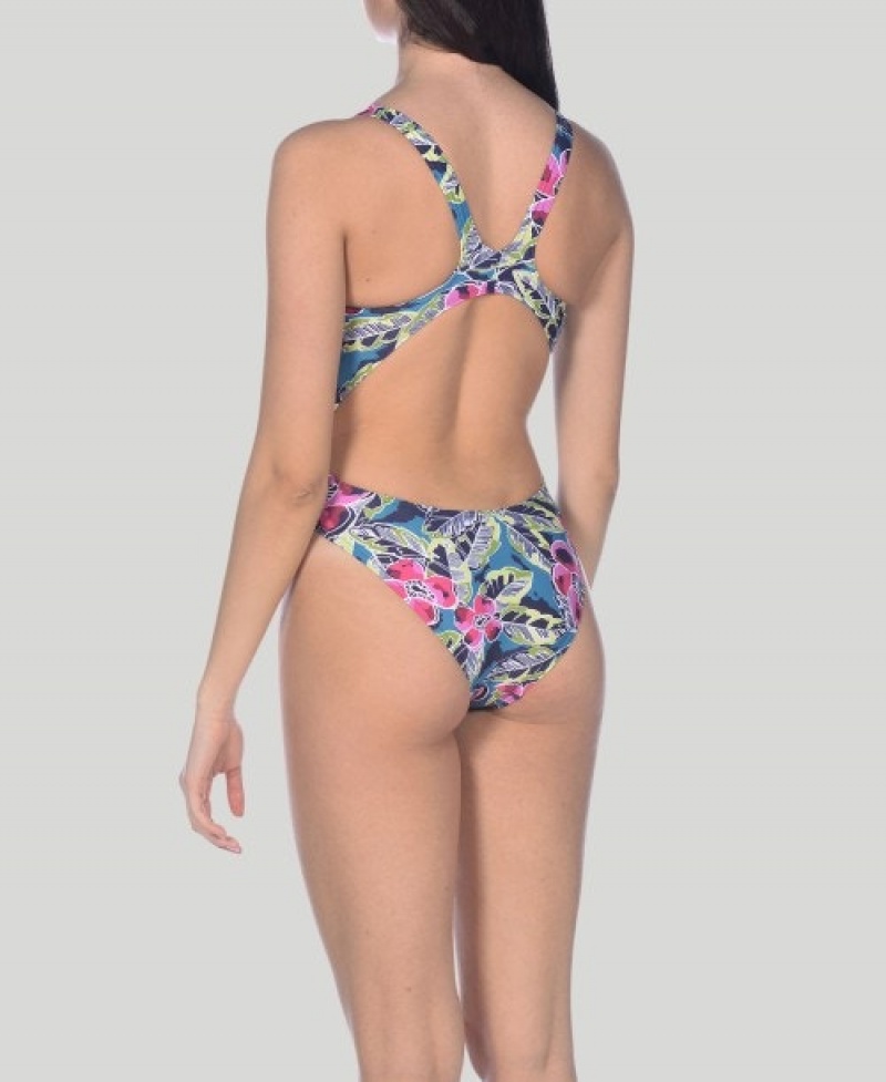 Grey Arena Tropical Sketch Swim Tech Women's Swimsuits | 92461489