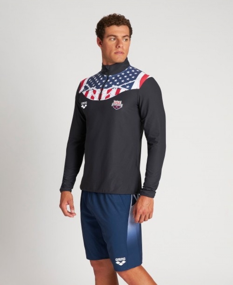 Grey Arena USA Swimming Team Kit Half Zip Shirt Men\'s Long Sleeve Shirts | 97532331