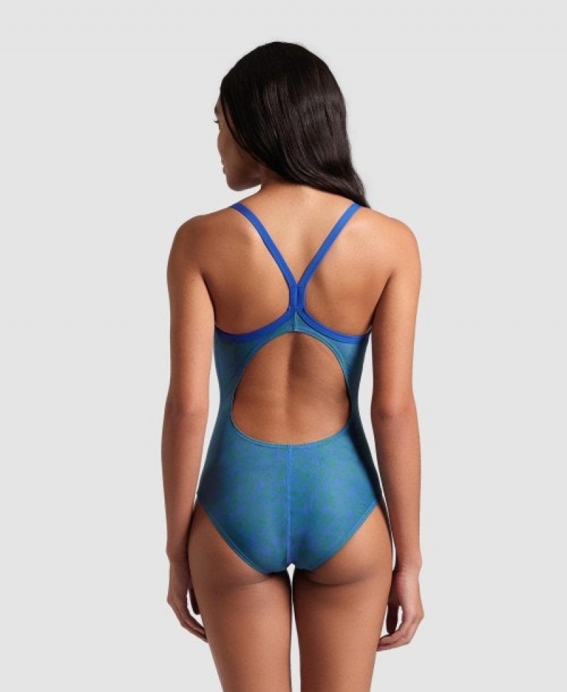 Navy Arena Abstract Tiles Light Drop Back Women's Swimsuits | 29139081